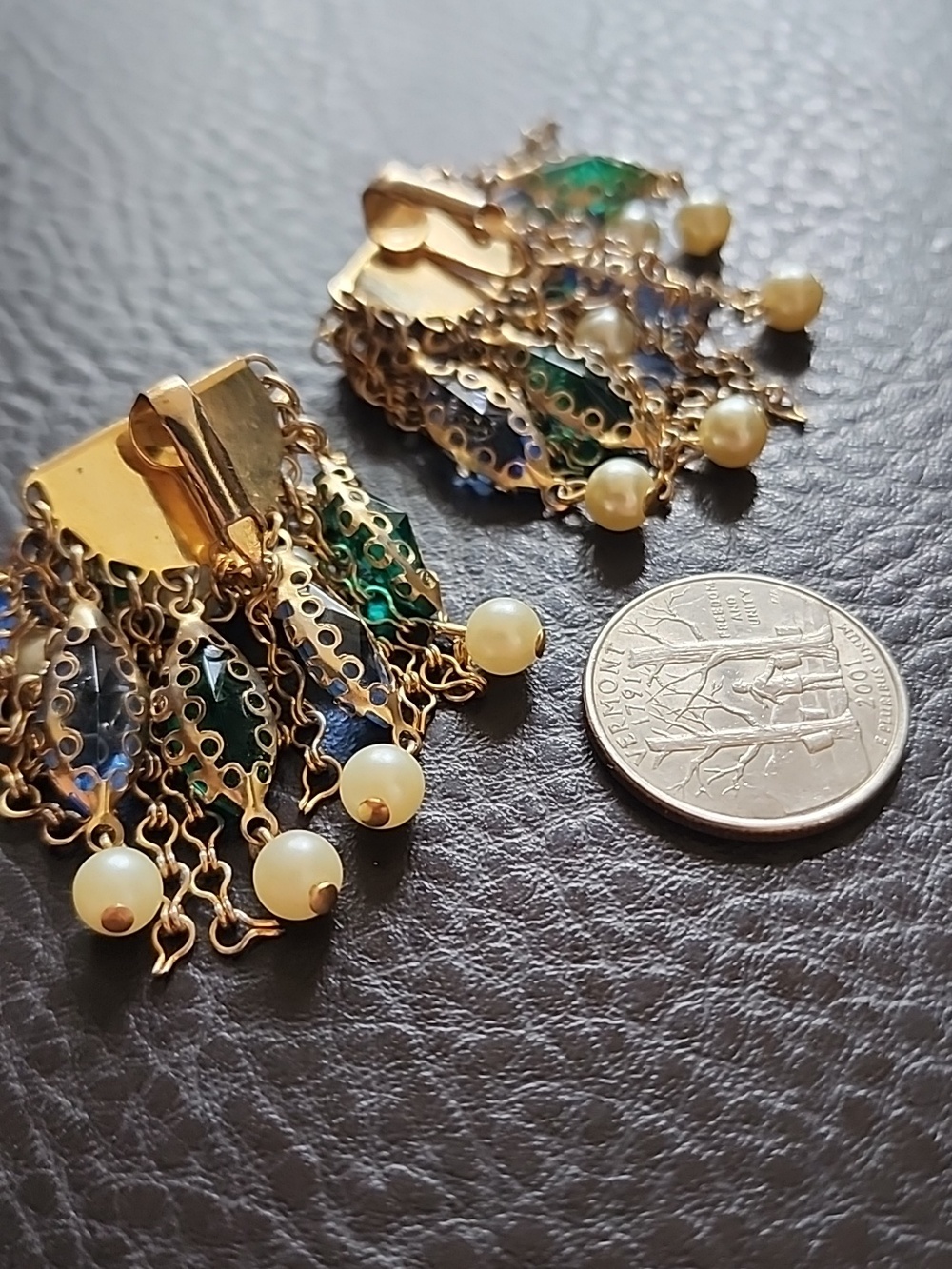 VTG Gold-Tone Pearl Clip Earrings with Blue and Green Crystal Accents - Picture 9 of 9